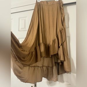 Faux Wrap Ruffle High-Low Satin Midi Skirt
